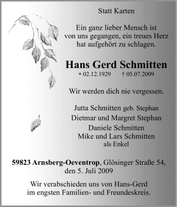 Traueranzeige von Hans Gerd Schmitten von Tageszeitung