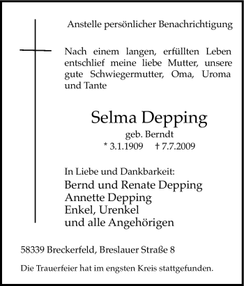 Traueranzeige von Selma Depping von Tageszeitung