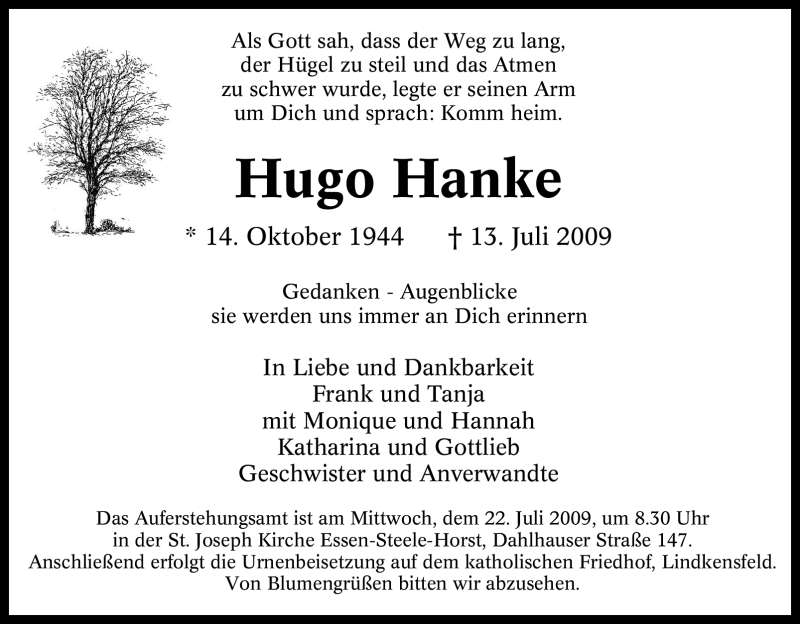  Traueranzeige für Hugo Hanke vom 18.07.2009 aus Tageszeitung