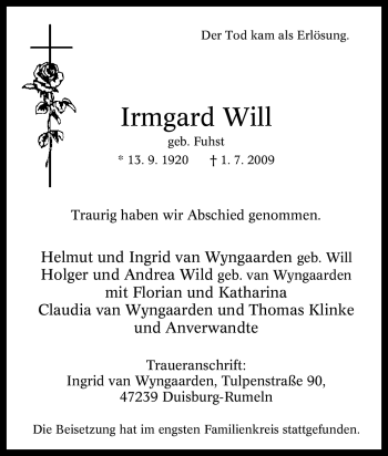 Traueranzeige von Irmgard Will von Tageszeitung