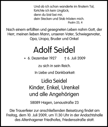 Traueranzeige von Adolf Seidel von Tageszeitung