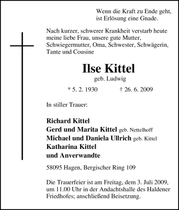 Traueranzeige von Ilse Kittel von Tageszeitung