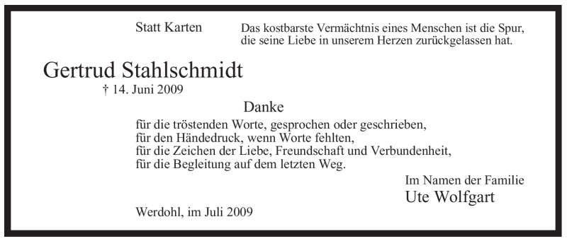  Traueranzeige für Gertrud Stahlschmidt vom 11.07.2009 aus Tageszeitung