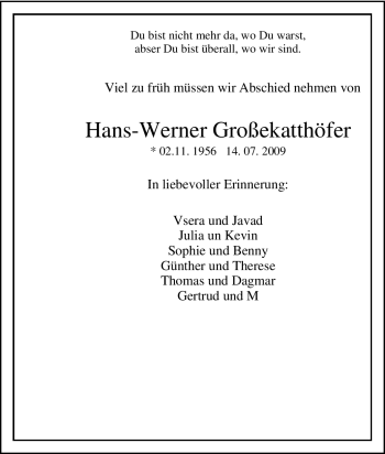 Traueranzeige von Hans-Werner Großekatthöfer von Tageszeitung