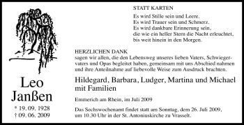 Traueranzeige von Leo Janßen von Tageszeitung