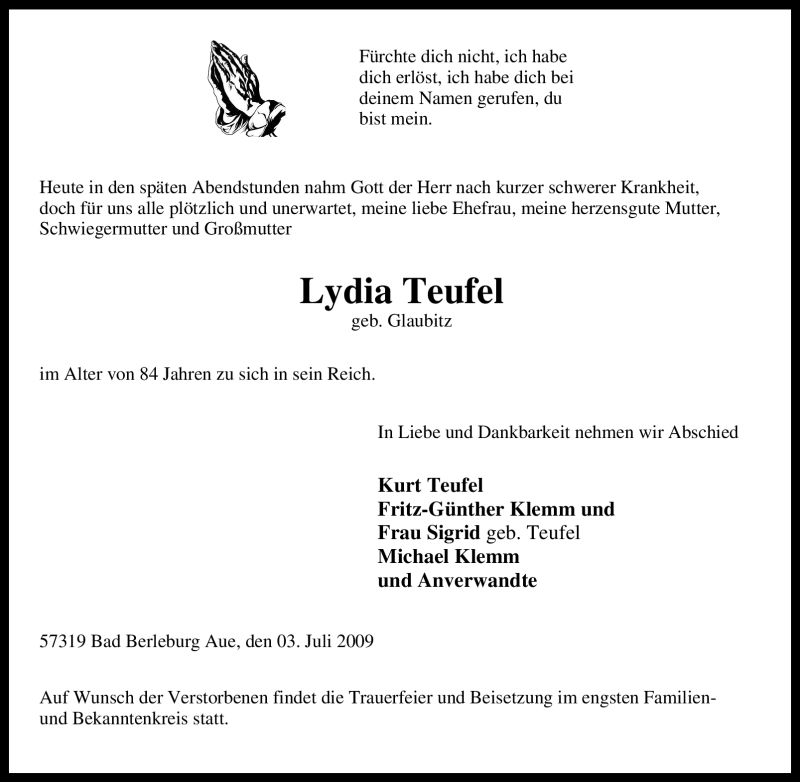  Traueranzeige für Lydia Teufel vom 06.07.2009 aus Tageszeitung