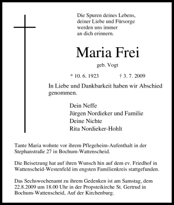 Traueranzeige von Maria Frei von Tageszeitung