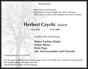 Traueranzeige von Herbert Czychi junior von Tageszeitung