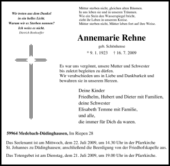 Traueranzeige von Annemarie Rehne von Tageszeitung