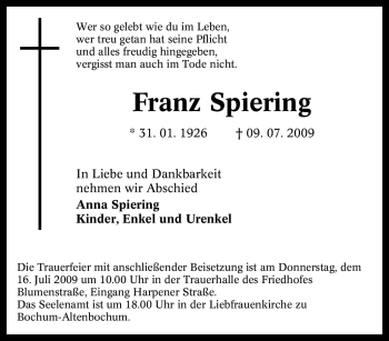 Traueranzeigen von Franz Spiering TrauerinNRW.de
