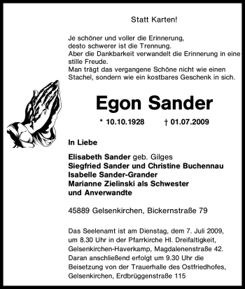 Traueranzeige von Egon Sander von Tageszeitung