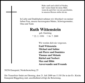 Traueranzeige von Ruth Wittenstein von Tageszeitung