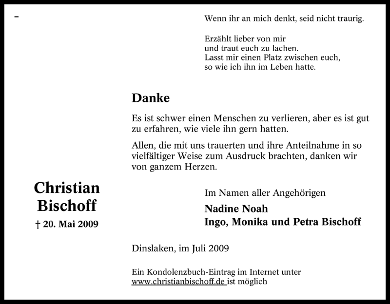  Traueranzeige für Christian Bischoff vom 04.07.2009 aus Tageszeitung