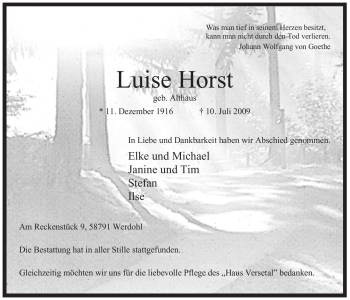 Traueranzeige von Luise Horst von Tageszeitung