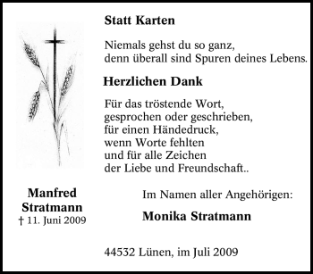 Traueranzeige von Manfred Stratmann von Tageszeitung