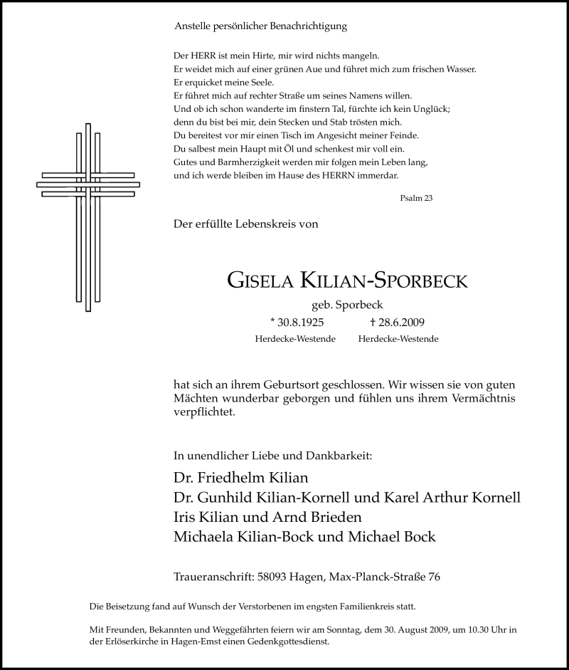  Traueranzeige für Gisela Kilian-Sporbeck vom 04.07.2009 aus Tageszeitung