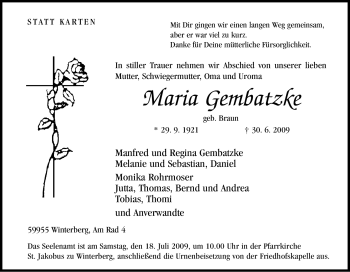 Traueranzeige von Maria Gembatzke von Tageszeitung