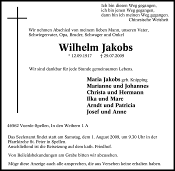 Traueranzeige von Wilhelm Jakobs von Tageszeitung