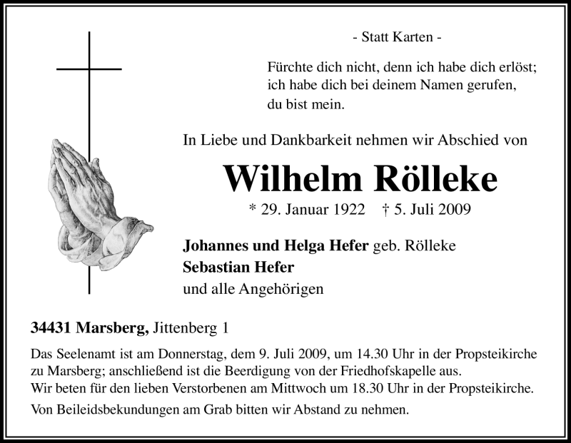  Traueranzeige für Wilhelm Rölleke vom 07.07.2009 aus Tageszeitung