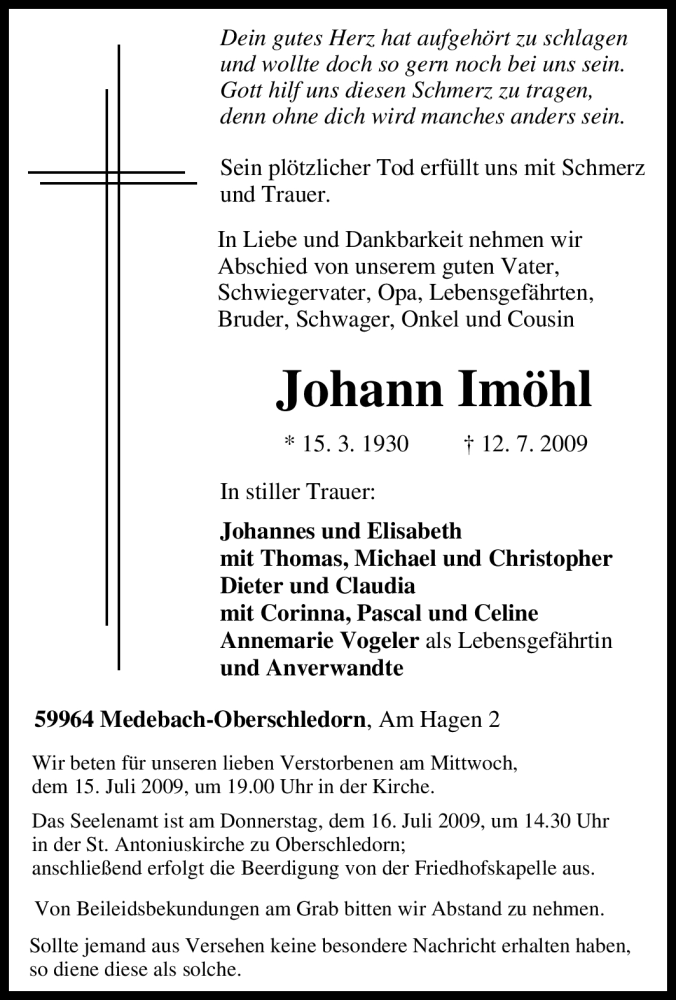  Traueranzeige für Johann Imöhl vom 14.07.2009 aus Tageszeitung