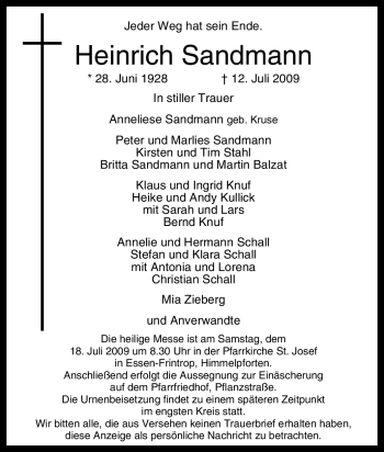 Traueranzeige von Heinrich Sandmann von Tageszeitung
