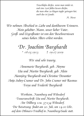 Traueranzeige von Joachim Burghardt von Tageszeitung