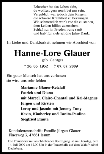 Traueranzeige von Hanne-Lore Glauer von Tageszeitung