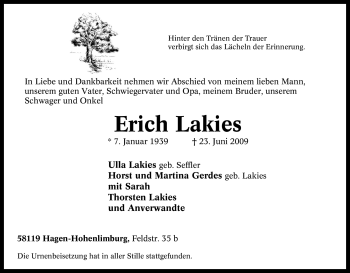 Traueranzeige von Erich Lakies von Tageszeitung