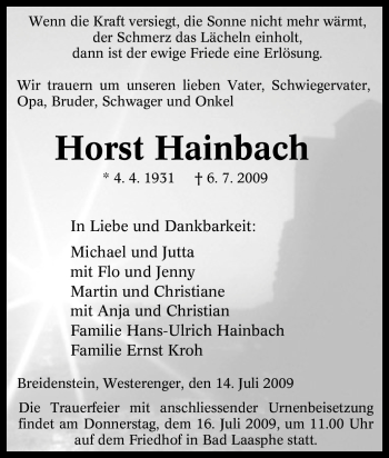 Traueranzeige von Horst Hainbach von Tageszeitung