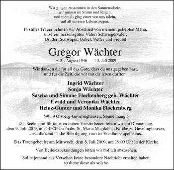 Traueranzeige von Gregor Wächter von Tageszeitung