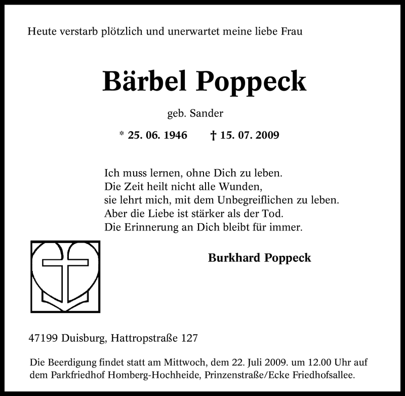 Traueranzeige für Bärbel Poppeck vom 18.07.2009 aus Tageszeitung