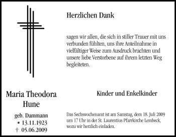 Traueranzeige von Maria Theodora Hune von Tageszeitung
