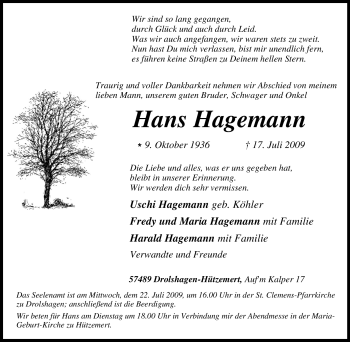 Traueranzeige von Hans Hagemann von Tageszeitung