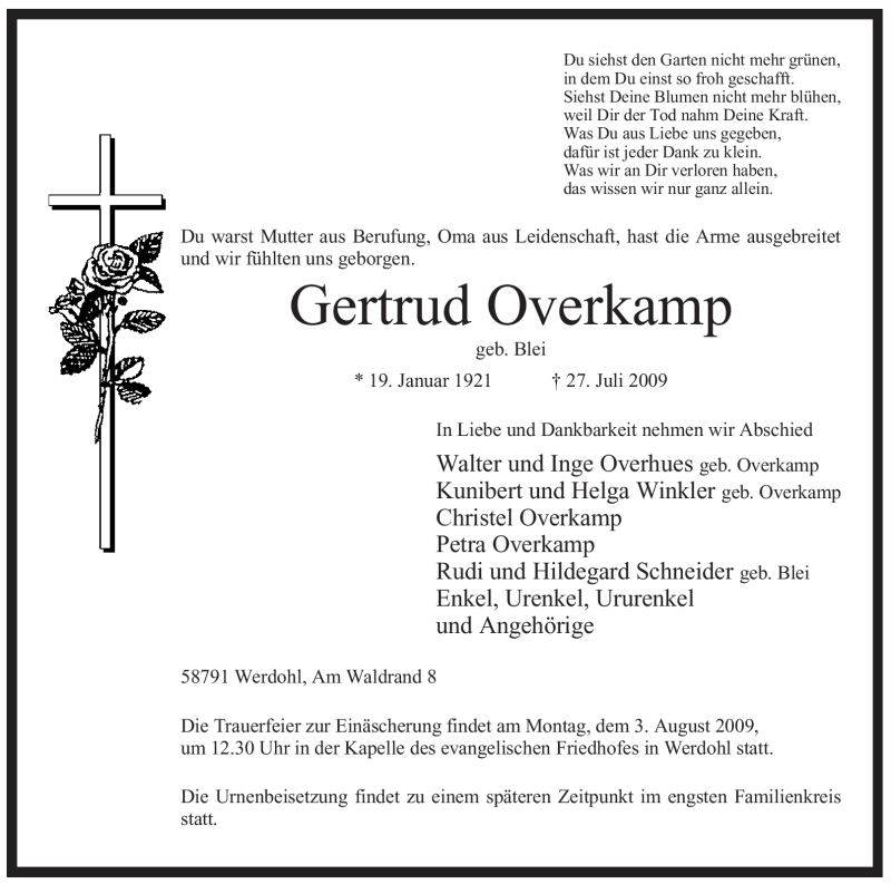  Traueranzeige für Gertrud Overkamp vom 30.07.2009 aus Tageszeitung