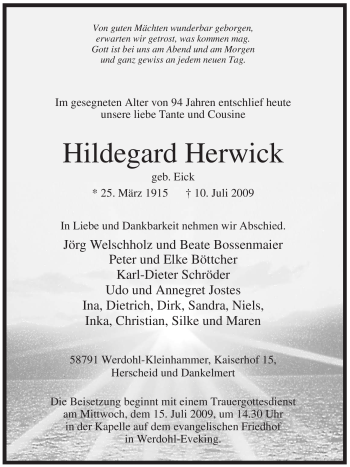 Traueranzeige von Hildegard Herwick von Tageszeitung