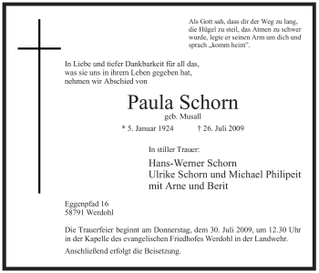 Traueranzeige von Paula Schorn von Tageszeitung