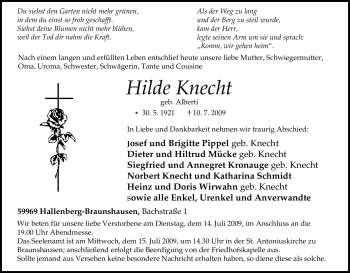 Traueranzeige von Hilde Knecht von Tageszeitung