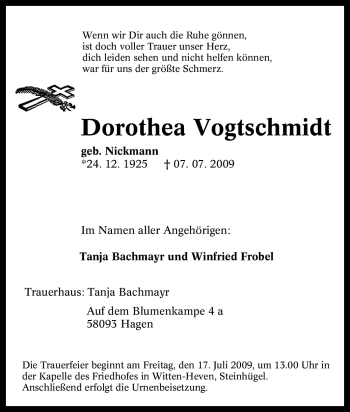 Traueranzeige von Dorothea Vogtschmidt von Tageszeitung