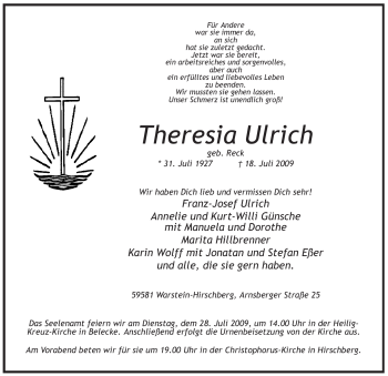 Traueranzeige von Theresia Ulrich von Tageszeitung