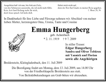 Traueranzeige von Emma Hungerberg von Tageszeitung