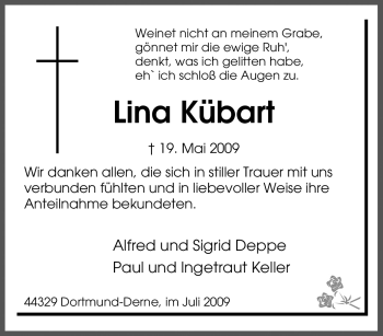 Traueranzeige von Lina Kübart von Tageszeitung