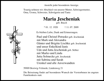 Traueranzeige von Maria Jescheniak von Tageszeitung