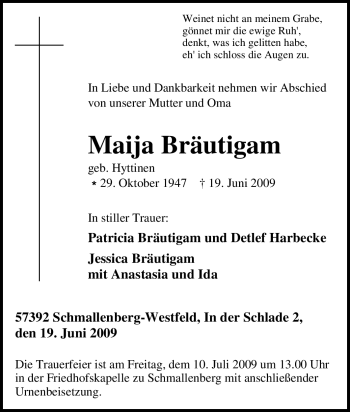 Traueranzeige von Maija Bräutigam von Tageszeitung