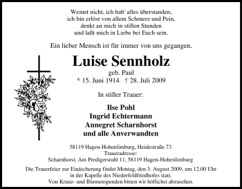 Traueranzeige von Luise Sennholz von Tageszeitung