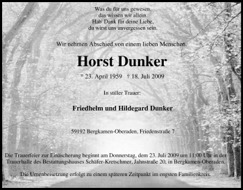 Traueranzeige von Horst Dunker von Tageszeitung
