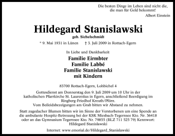 Traueranzeige von Hildegard Stanislawski von Tageszeitung