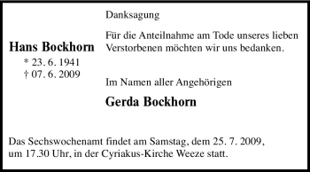 Traueranzeige von Hans Bockhorn von Tageszeitung