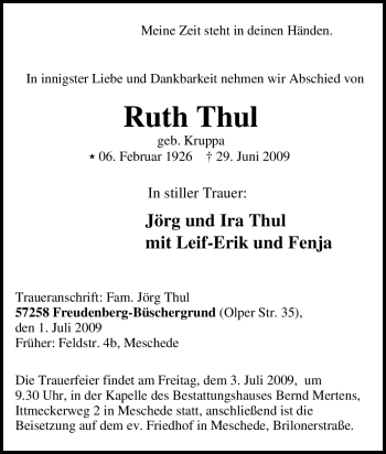 Traueranzeige von Ruth Thul von Tageszeitung