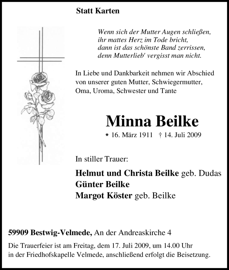  Traueranzeige für Minna Beilke vom 15.07.2009 aus Tageszeitung