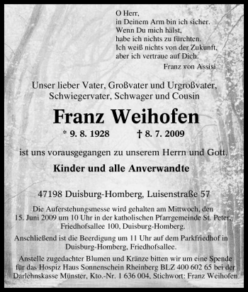 Traueranzeige von Franz Weihofen von Tageszeitung